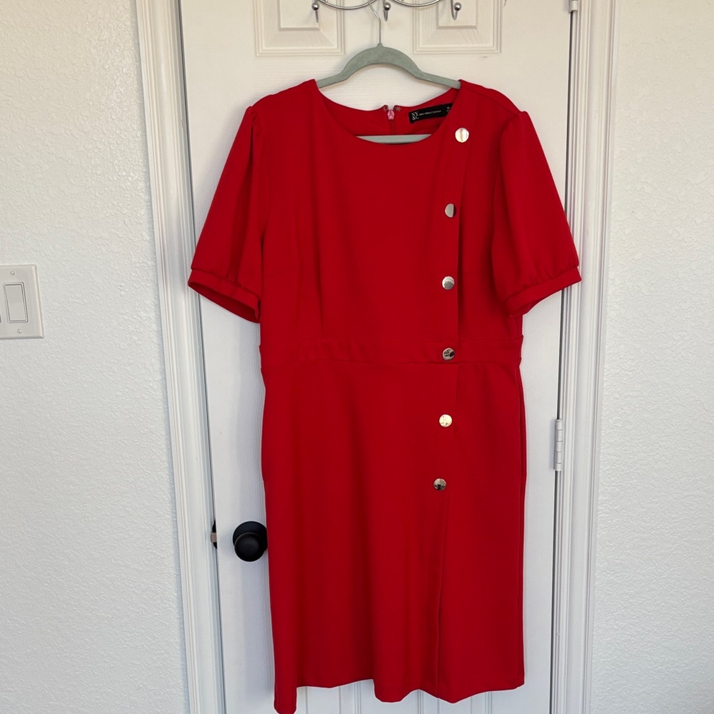 New York & Company Red Midi Dress with Silver Buttons